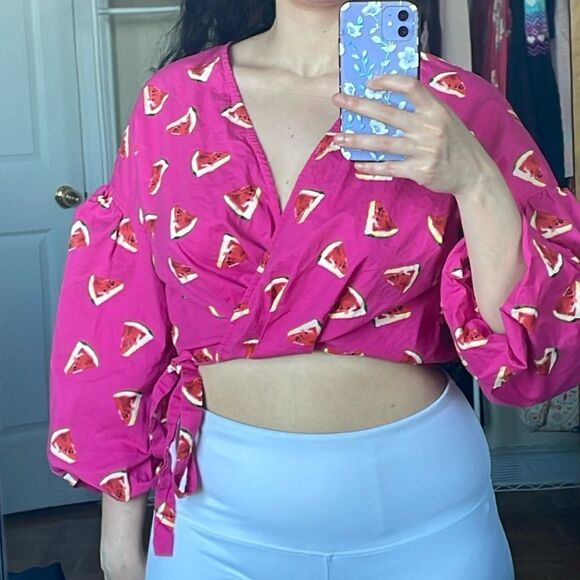 Color me Courtney Emily wrap top bubble 3/4th sleeve watermelon print blouse - Picture 3 of 8